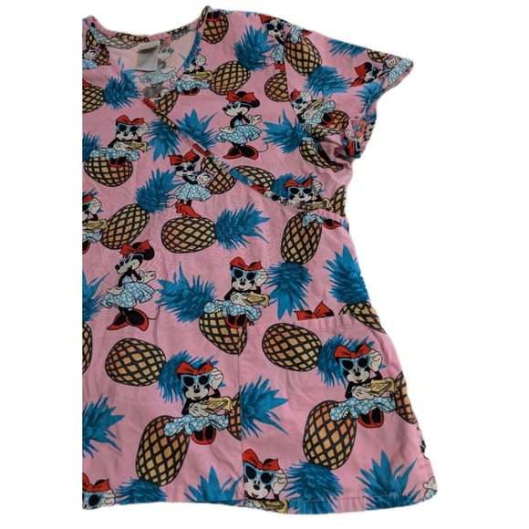 Disney Minnie Mouse Pineapple Womens XL Scrub Top Nurse Medical Uniform Pink - Picture 2 of 6